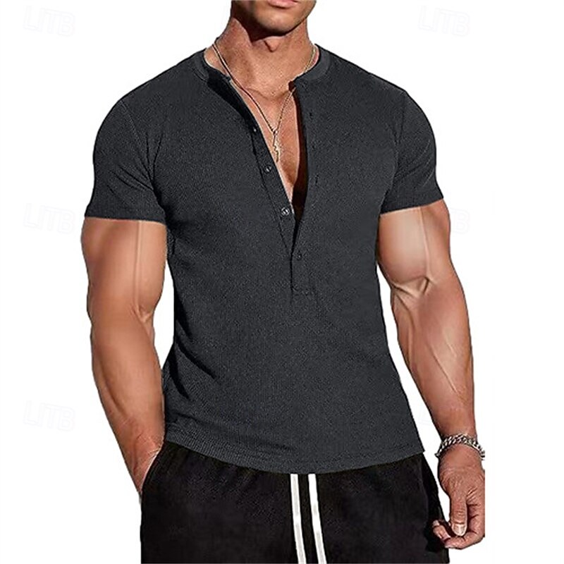 Herren T Shirt Henley Hemd T-Shirt Kurzarmshirt Kurzarm Henley Sommer Frühling Einfach Mode Designer Basic Knöpfe Urlaub Straße Ausgehen Schwarz Blau Grün Top T-Shirt für Herren 2025 - $24.99 –P8