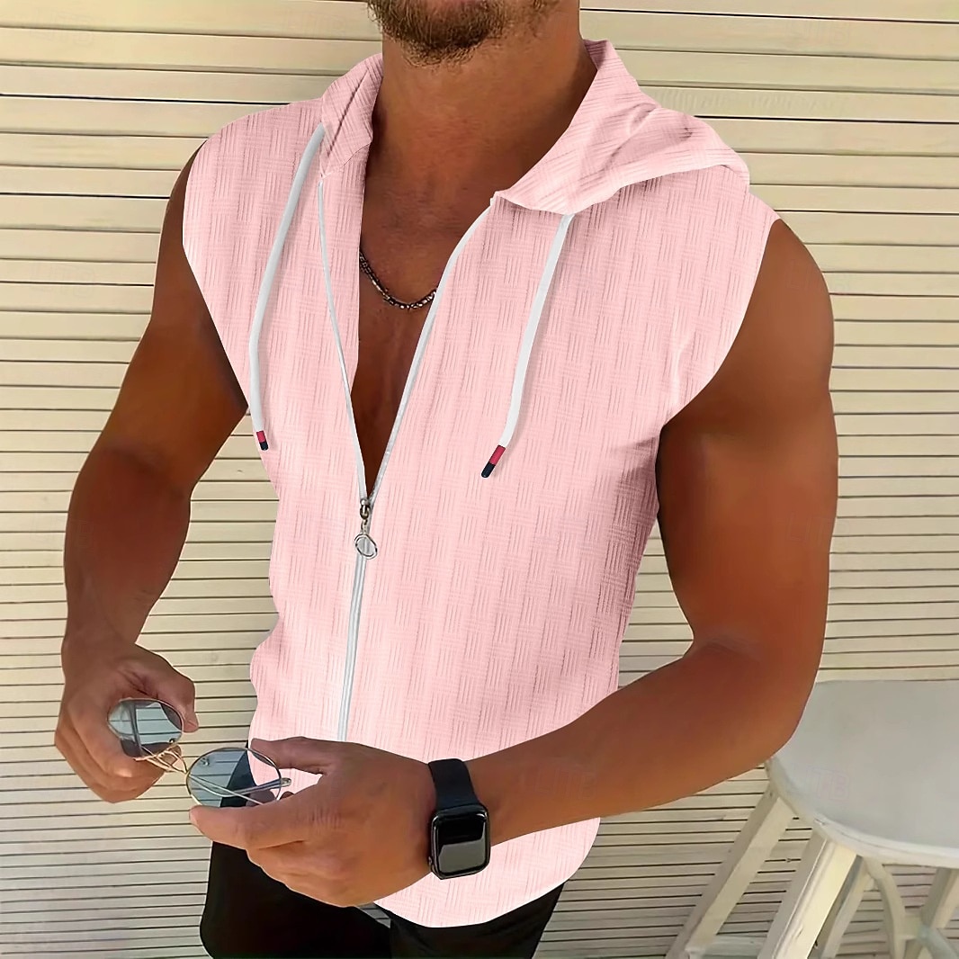 Homens Malha Íntima Moletom com zíper camisa sem manga Sem Manga Com Capuz Verão Listrado Pit Strip Moda Designer Esportivo Zip Completo Ao ar livre Casual Para Noite Rosa Claro Preto Branco Top Tee de 2025 por $16.49 –P4