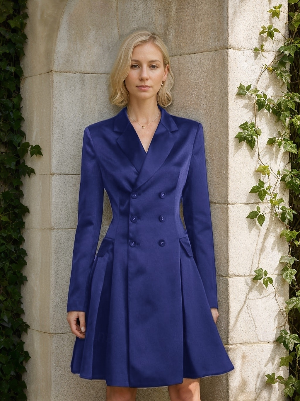 Vestido de la Madre de la Novia A-Line Vestido Tuxedo Vestido de Invitada de Boda Elegante Simple Lujoso Blazer Cuello con Solapas Largo hasta la Rodilla Satén Manga Larga con Pliegues y Bolsillos 2025 - $179.99 –P8