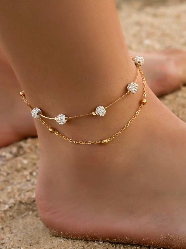 Cavigliera da donna con perline e strass a doppio strato: elegante gioiello da spiaggia con catena in oro per l'estate, le vacanze e l'uso quotidiano del 2025 a $7.99 –P1