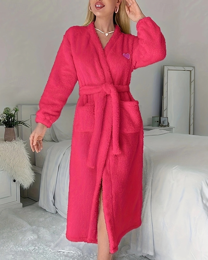 Dam Vardagsklädsel Morgonrock Varm Mode Ledigt Ren färg Spetsknuten Ficka Cardigan Hem Dagligen Säng Långärmad V-hals Rodnande Rosa Rosenröd Höst Vinter Skräddarsydd passform 2025 - $31.99 –P9