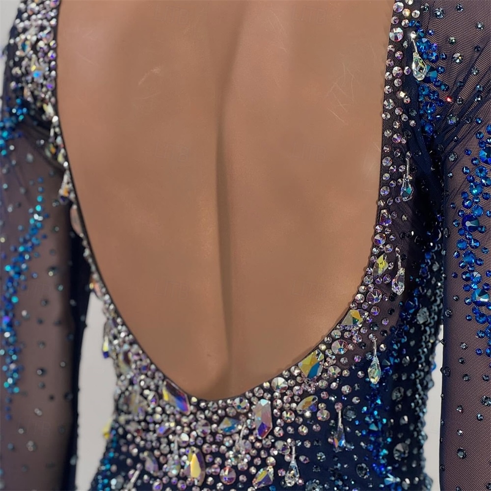 Figure Skating Dress Women's Girls' Ice Skating Dress Navy Thumbhole Open Back Mesh High Elasticity Training Competition Skating Wear Classic Crystal / Rhinestone Long Sleeve Ice Skating Figure 2025 - GBP £215 –P5
