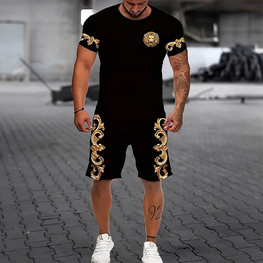 Herren Grafik 2St T-Shirts-Sets Kurzarm Kurze Hosen Rundhalsausschnitt Antik Lässig Täglich 3D-Druck Sommer Schwarz 2025 - $25.99 –P1