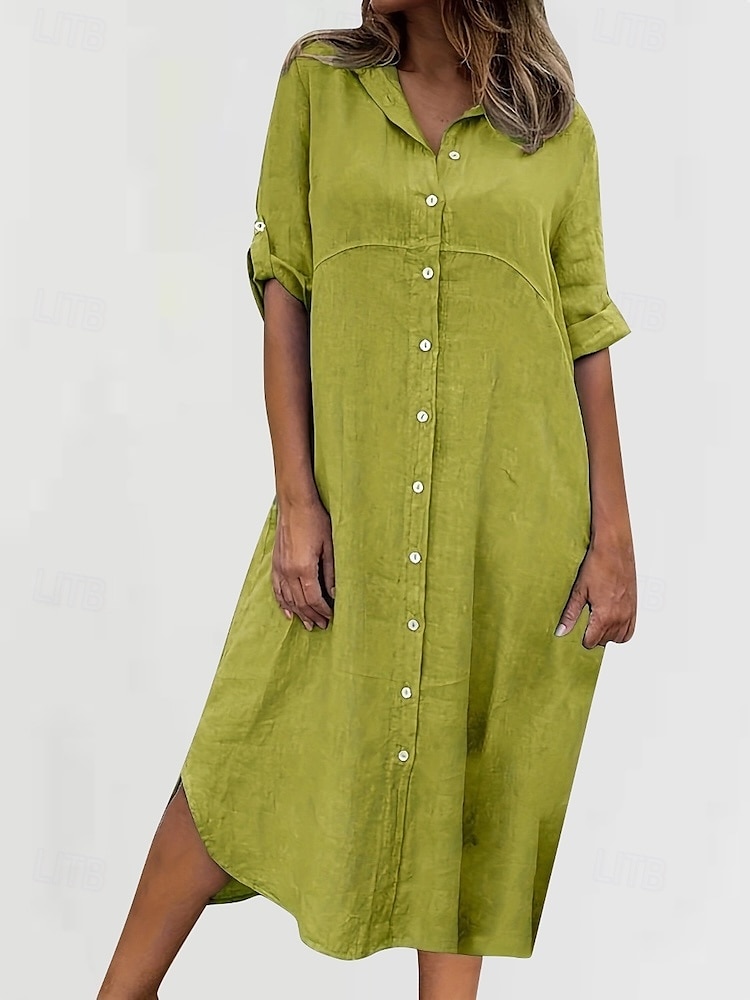 Per donna Abito Midi Abiti ispirati al lino Abito Camicia Abito in cotone e lino Moda Classico Quotidiano Uscire Weekend Vestibilità regolare Semplice Manica Lunga Colletto a Camicia Nero Blu Verde del 2025 a $22.99 –P8