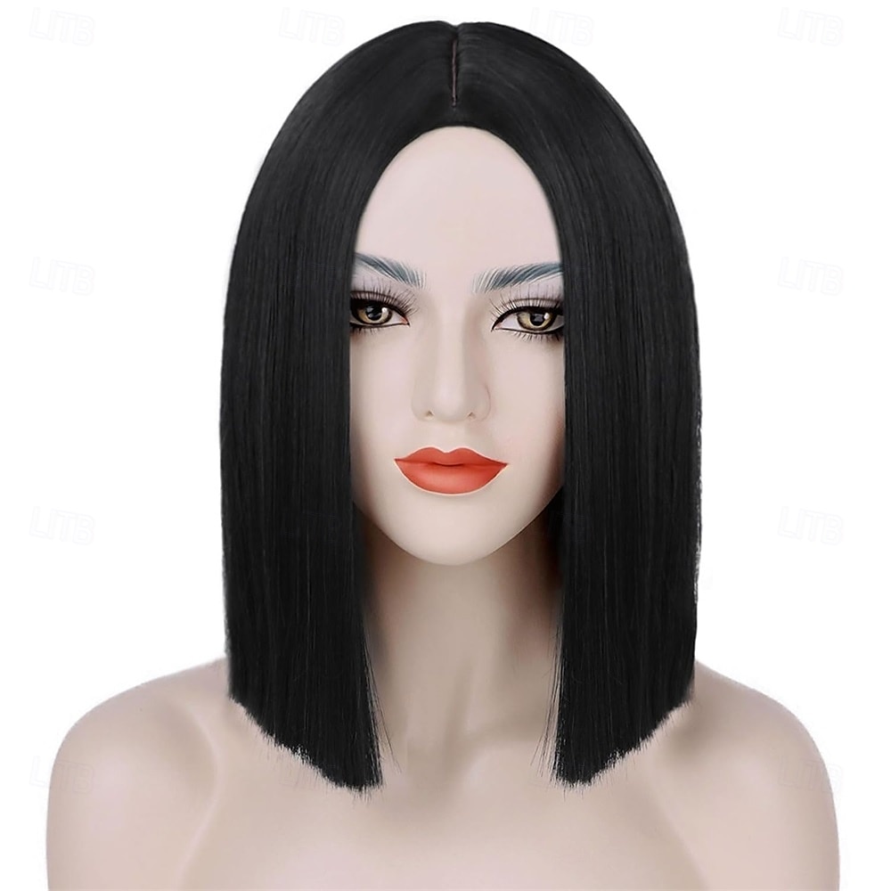 2025年 女性用ブラックボブウィッグ、前髪なしショートストレートボブ、ミドルパート、肩までの長さの耐熱合成ウィッグ、毎日のパーティー、コスプレ、ハロウィンに コレクション – $25.99 –P1