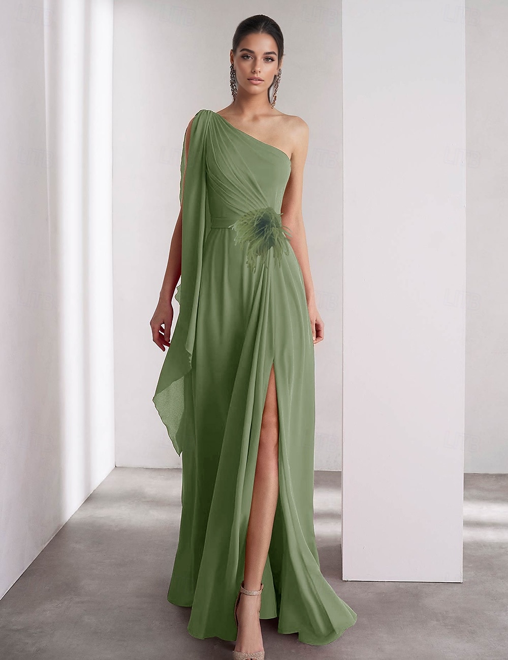 Jedno Ramo Modré Růžové A-Linie Chiffon Peří Večerní Šaty Elegantní Šaty Formální Dlouhé Bez Rukávů S Faldovým Šálem 2025 - $147.99 –P5