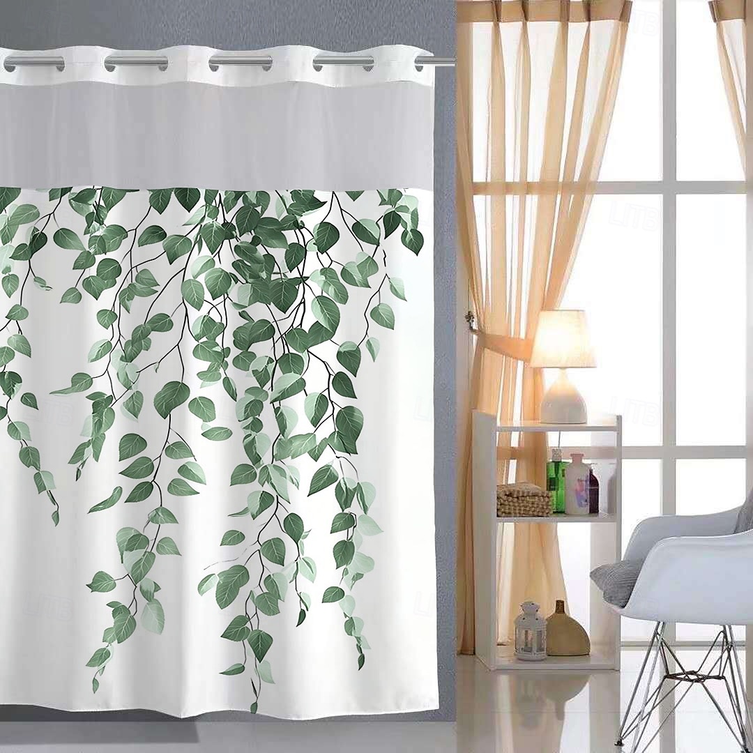 No Hook Shower Curtain 180cm*180cm(70"*70")with Snap-in Polyester Fabric Liner Sheer Top Window Waterproof Double Layer Bathtub Curtain Leaves Pattern 2025 - $41.99 –P9