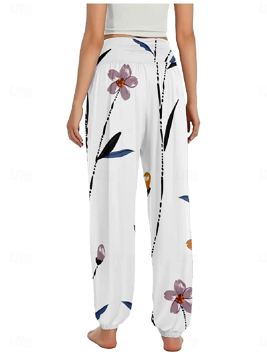 Dame Lin-inspirerte bukser Bred Bukseben Bukser Etnisk stil Fritid Bohem Full lengde Høy Midje Blomstret Blad Tropisk Lomme Elastisk midje Printer Pusteevne Myk Mikroelastisk utendørs Yoga- og 2025 - $20.99 –P19