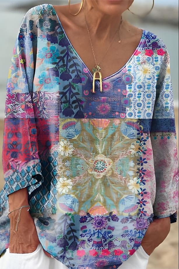 Dame Bluse Blomstret Grafisk Geometrisk Stilfull Fritid Langermet 3/4 ermer V-hals Vanlige topper Daglig Blå Lilla Oransje Grønn Sommer Vår 2025 - $24.99 –P4