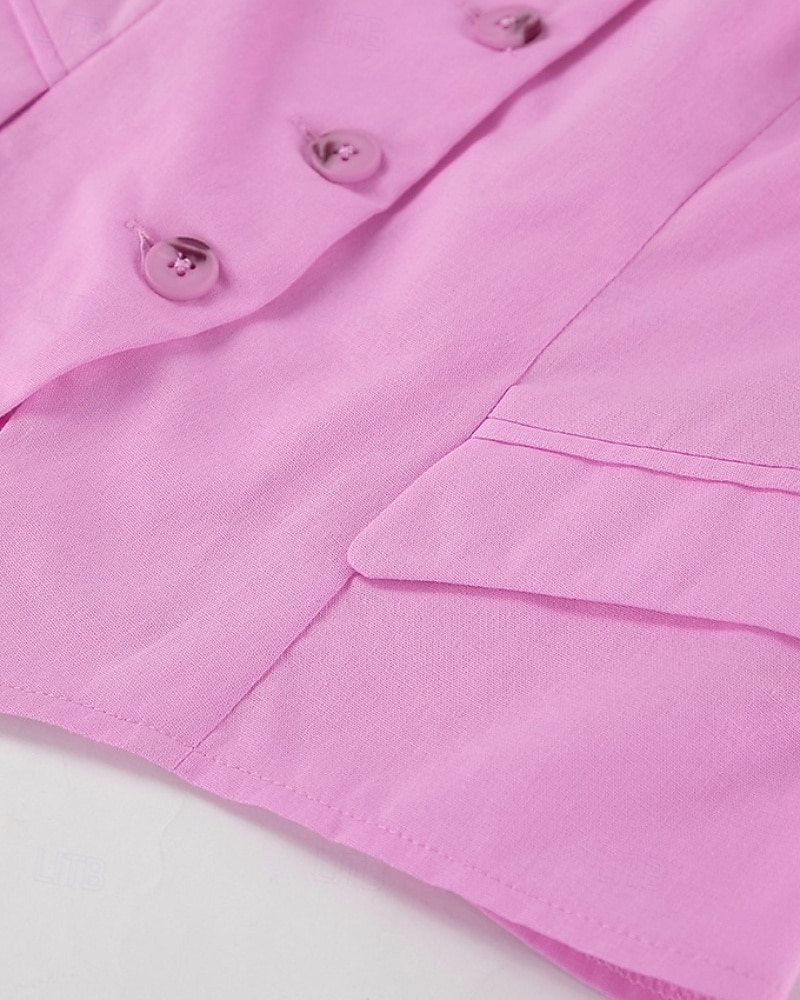 Women's Active Basic Cotton Linen Sets Vest Pants Sets Sleeveless Shirt Collar Solid Color Dubbele Rij Knopen Outdoor Date Pink Blue Summer Regular Fit 2025 - $36.99 –P14