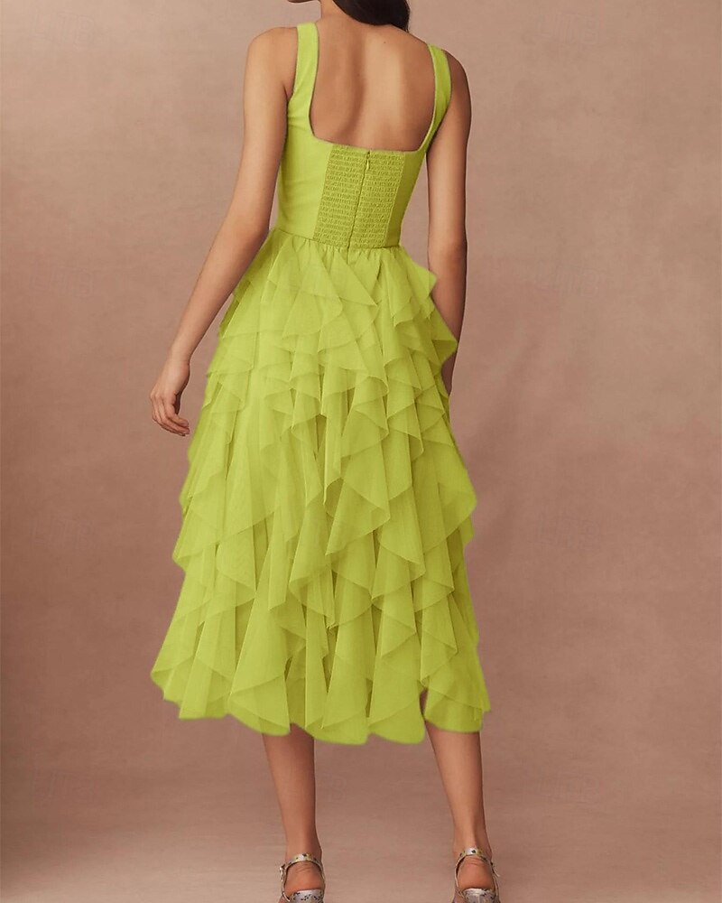 Robe Cocktail Verte A-Line Robe Corset Semi-Formelle Mariage Midi Sans Manches Col Carré Chiffon avec Volants de 2025 ? $148.99 –P3