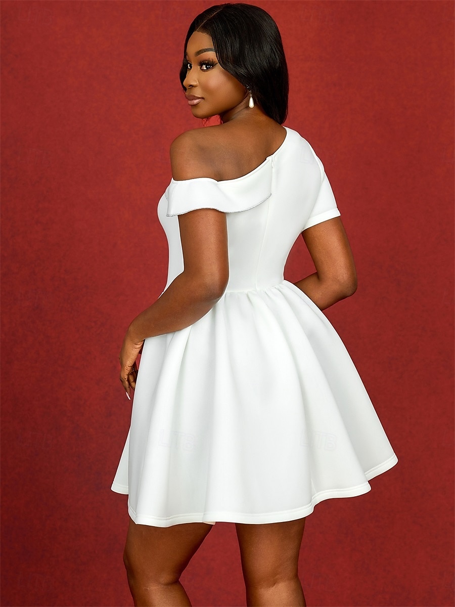 Hochzeitskleider A-Linie Ein-Schulter Kurzarm kurz mini Satin Brautkleider mit einfarbig 2025 - $119.99 –P2