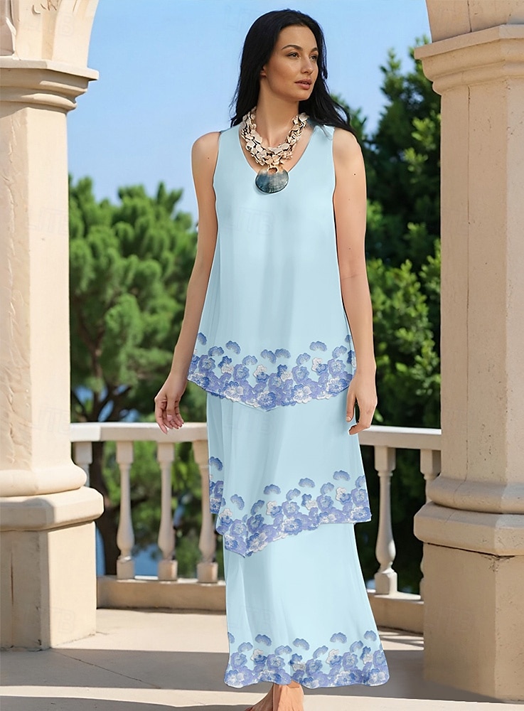 Sheath Säule Brautmutterkleid Elegant Einfach Rundhals Bodenlänge Chiffon Spitze Ärmellos mit bestickten Spitzen fallenden Rüschen 2025 - $156.99 –P1