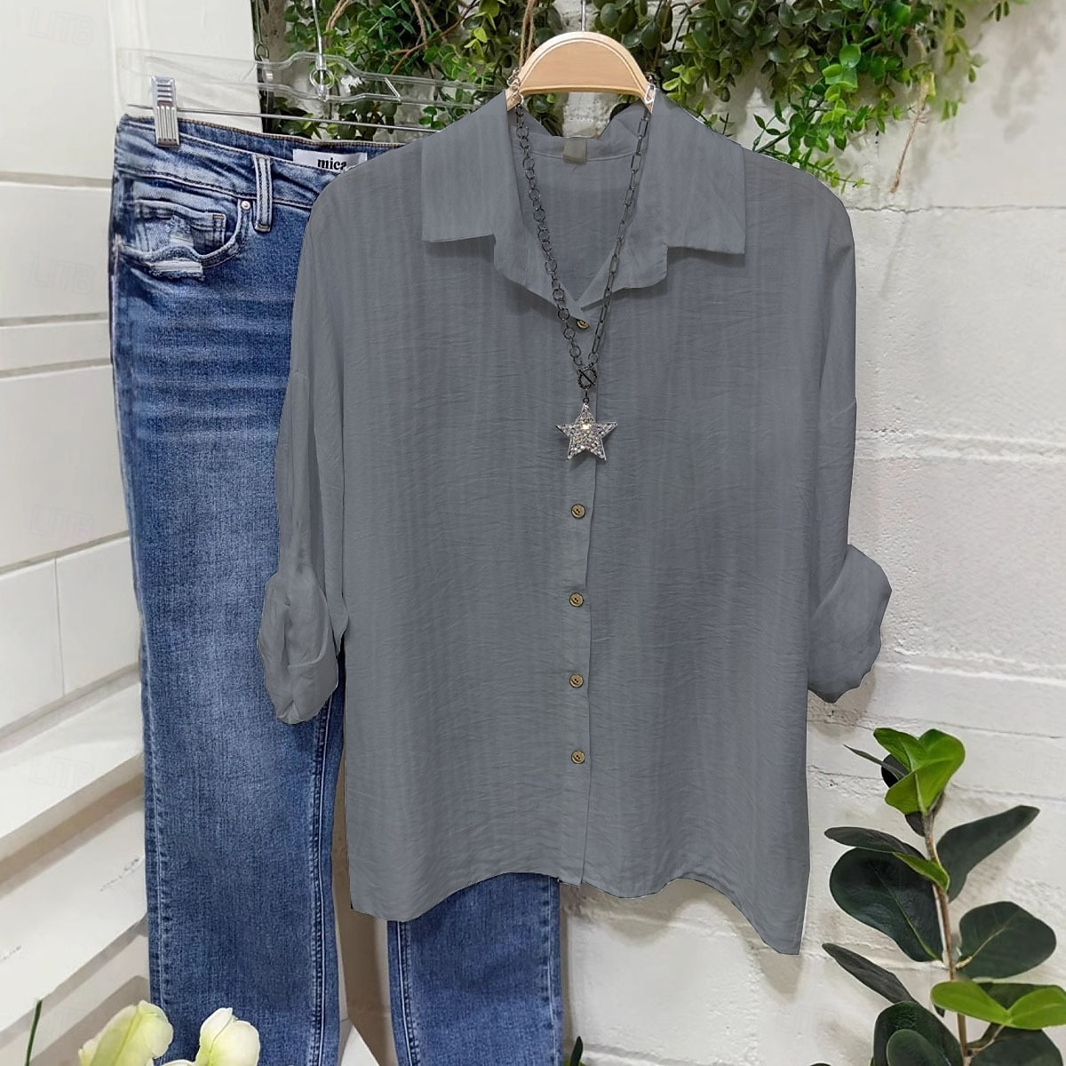 Damen Bluse aus Baumwolle und Leinen, einfarbig, elegant, stilvoll, lässig, langärmelig, V-Ausschnitt, normale Oberteile, Alltag, Urlaub, Knöpfe, weiß, gelb, rosa, blau, grau, Sommer, Frühling 2025 - $22.99 –P4