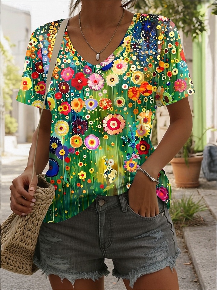 Per donna Maglietta Floreale Grafico Piante Vintage Tropicale Hawaiano Manica Corta Scollo a V Top Regolari Quotidiano Stampato Rosa Blu Reale Blu Verde Estate Primavera del 2025 a $19.99 –P3