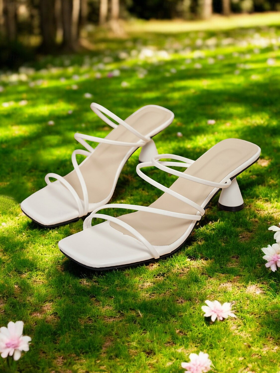 Weiße Riemchensandalen mit eckiger Zehenpartie und konischem Absatz für Damen – minimalistische Sommerpantoletten für lässige Verabredungen und Tagesausflüge 2025 - $26.99 –P5