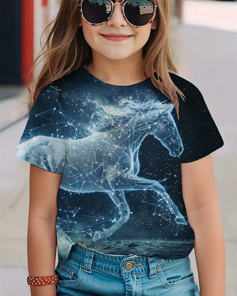 Девочки 3D Лошадь Футболка С короткими рукавами Лето Весна Мода Классический Дети 4-12 лет Вырез под горло на открытом воздухе Повседневные Стандартный 2026 - $11.99 –P1