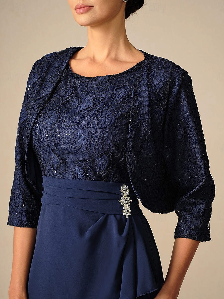 dámské svatební host koktejlové šaty set šifon krajka patchwork elegantní jaro podzim midi šaty posádka výstřih 3/4 rukáv tmavě modrá 2025 - $86.99 –P3