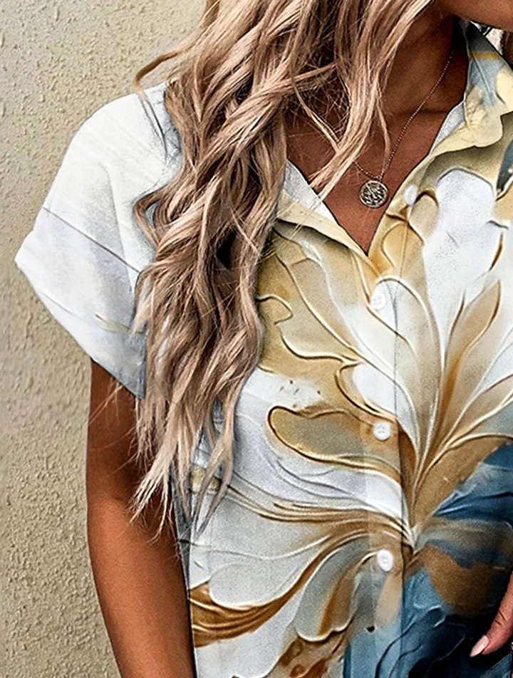 Dame Skjorte Blomstret Grafisk sparkly Årgang Tropisk Daglig Ermeløs Kortermet Kappeerme Skjortekrage Lange topper Daglig Dusty Blue Gull Sommer Vår 2025 - $25.99 –P2