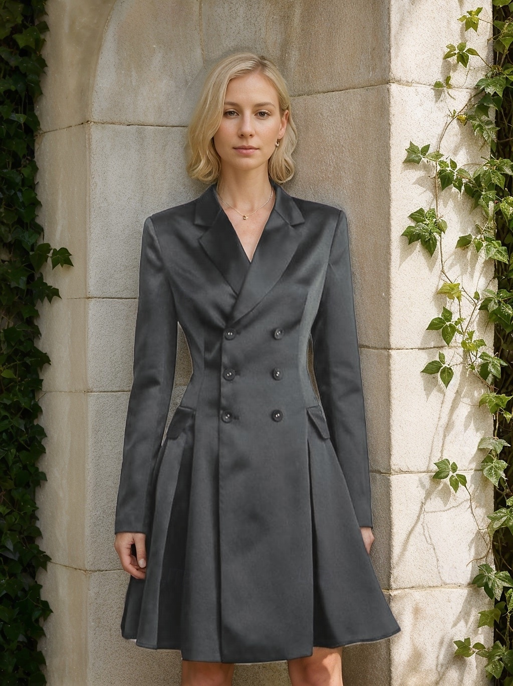 Vestido de la Madre de la Novia A-Line Vestido Tuxedo Vestido de Invitada de Boda Elegante Simple Lujoso Blazer Cuello con Solapas Largo hasta la Rodilla Satén Manga Larga con Pliegues y Bolsillos 2025 - $179.99 –P2