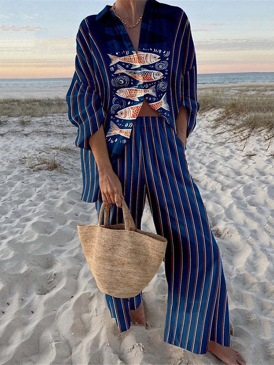 Completi da donna moda streetwear quotidiani in 2 pezzi con camicia a maniche lunghe colletto grafico casual per giornate in spiaggia rosso blu navy blu estate vestibilità regolare del 2025 a $44.99 –P1