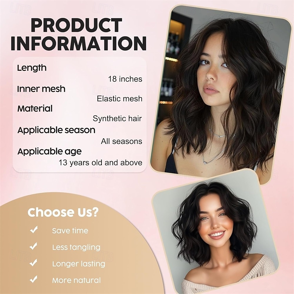 18 inch korte golvende zwarte pruik voor vrouwen, middellange zwarte bob, synthetische hittebestendige, natuurlijke en realistische zwarte haarpruik voor dagelijks kapsel, cosplay, feestgebruik 2026 - $25.99 –P3