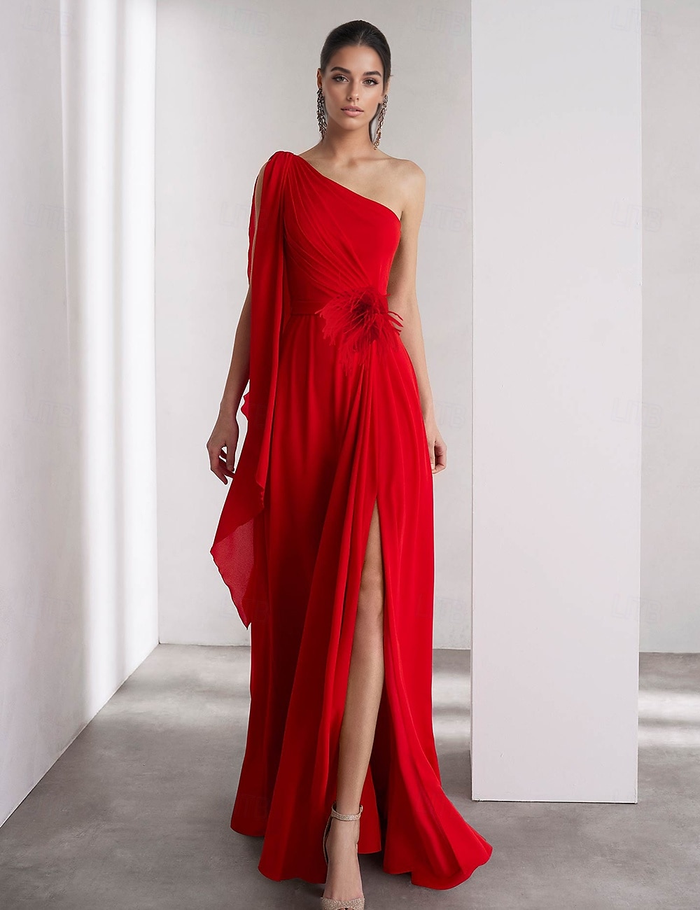 Jedno Ramo Modré Růžové A-Linie Chiffon Peří Večerní Šaty Elegantní Šaty Formální Dlouhé Bez Rukávů S Faldovým Šálem 2025 - $147.99 –P1
