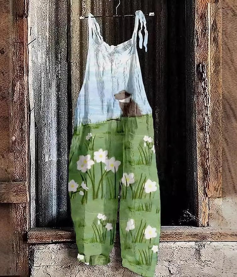 Kvinners vide ben overalls chinos ferie vintage mote full lengde høy midje blomstertrykk termisk varm pustende myk mikroelastisk ferie gate uformell fiolett rosa robins egg 2025 - $22.99 –P3