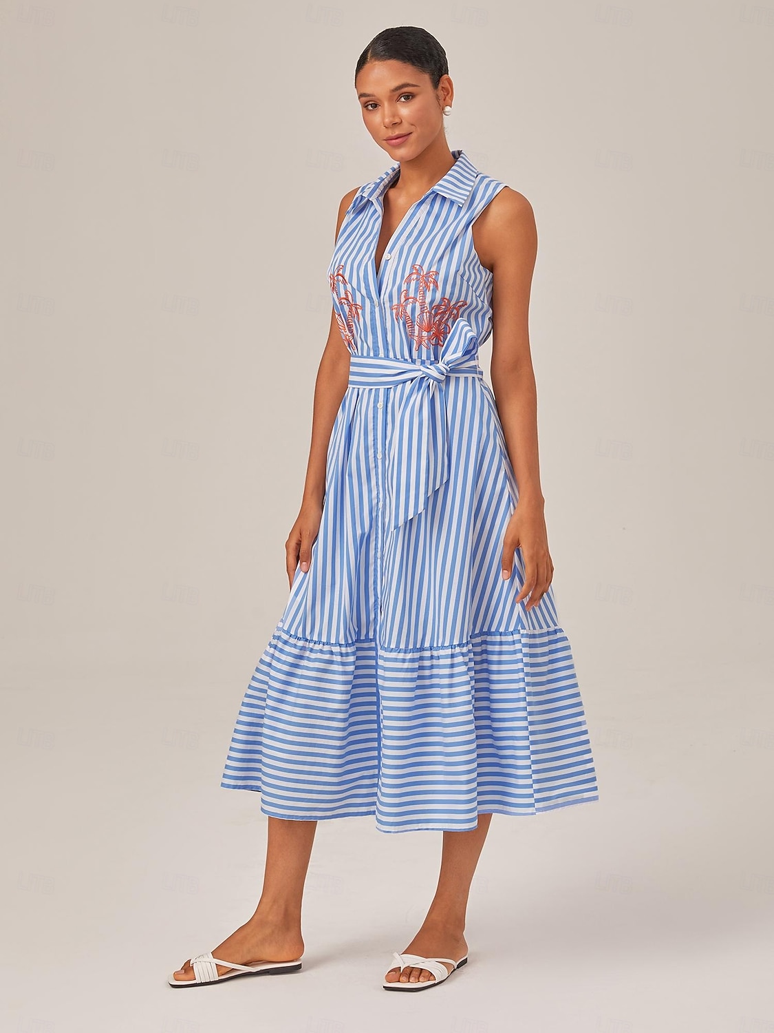 Sommerliches, gestreiftes, besticktes, ärmelloses, mittellanges Kleid 2025 - $74.99 –P2