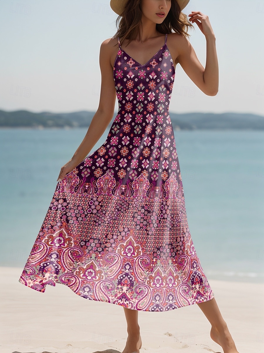 Dames Maxi-jurk A lijn jurk Slipdress Vakantie Casual Boho Strand Normale pasvorm Grafisch Wijnoogst Boho Paisley Damast Mouwloos V-hals Blozend Roze Rood blauw Paars Zomer Lente 2025 - $34.99 –P5
