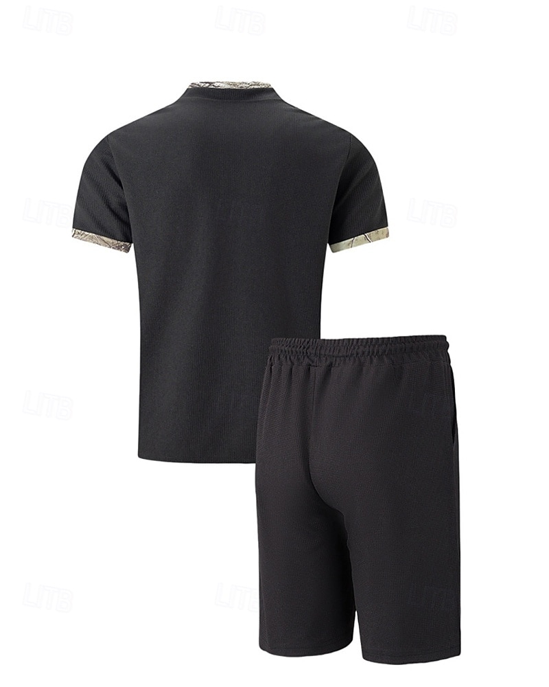 Men's Waffle Shirt T-shirt Suits 2 Pieces Outfits Tee & Shorts Short Sleeve Standing Collar Summer Color Block Fashion Casual 2 Piece Front Pocket Vacation Daily Wear Going out Black White Royal Blue 2025 - $34.99 –P20
