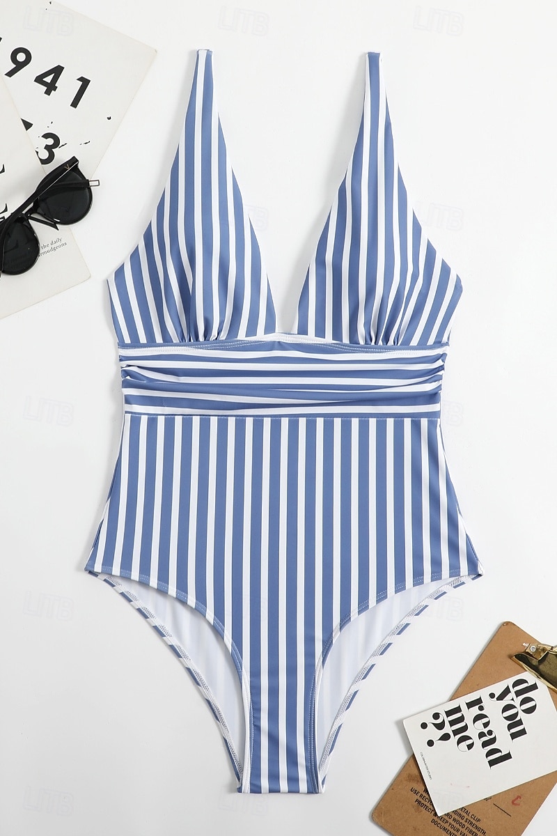 Femmes Maillots de Bain Une Pièce Maillot de bain Dos nu Tropical Tenues de plage Rayé Fil en V Sans manches Maillots de bain de 2025 ? $21.99 –P15