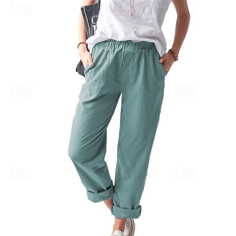 Per donna Pantaloni in cotone e lino Pantaloni Eleganti Casual Lunghezza intera Naturale Semplice Tasca Elastico in vita All'aperto Confortevole Streetwear Uscire Magenta azzurro cielo Grigio Nero del 2025 a $24.99 –P7