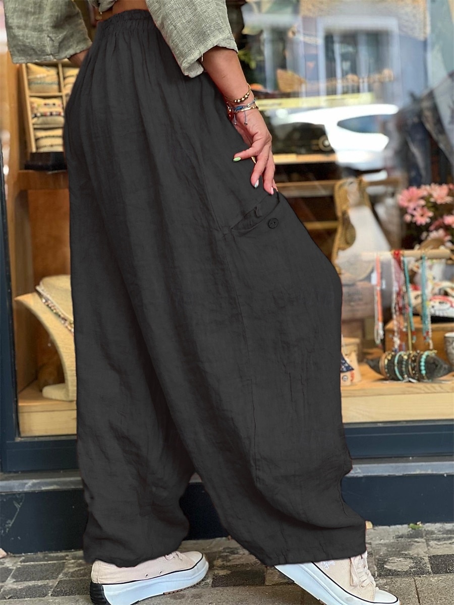 Calças Baggy Femininas de Pernas Largas de Cor Sólida Moda Bloomers Básico Comprimento Total Cintura Média Lisa com Bolso Cintura Elástica Conforto ao Ar Livre Microelástico Férias Rua Diário Dourado de 2025 por $25.99 –P11