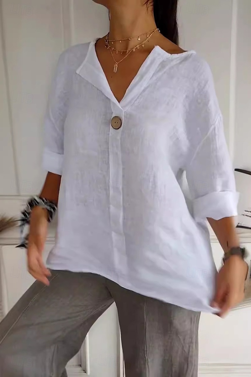 Women's Shirt Cotton Linen Shirt Blouse Plain Modern Casual 3/4 Length Sleeve V Neck Regular Tops Daily Going out Buttons Black White Red Navy Blue Green Summer 2025 - $23.99 –P4