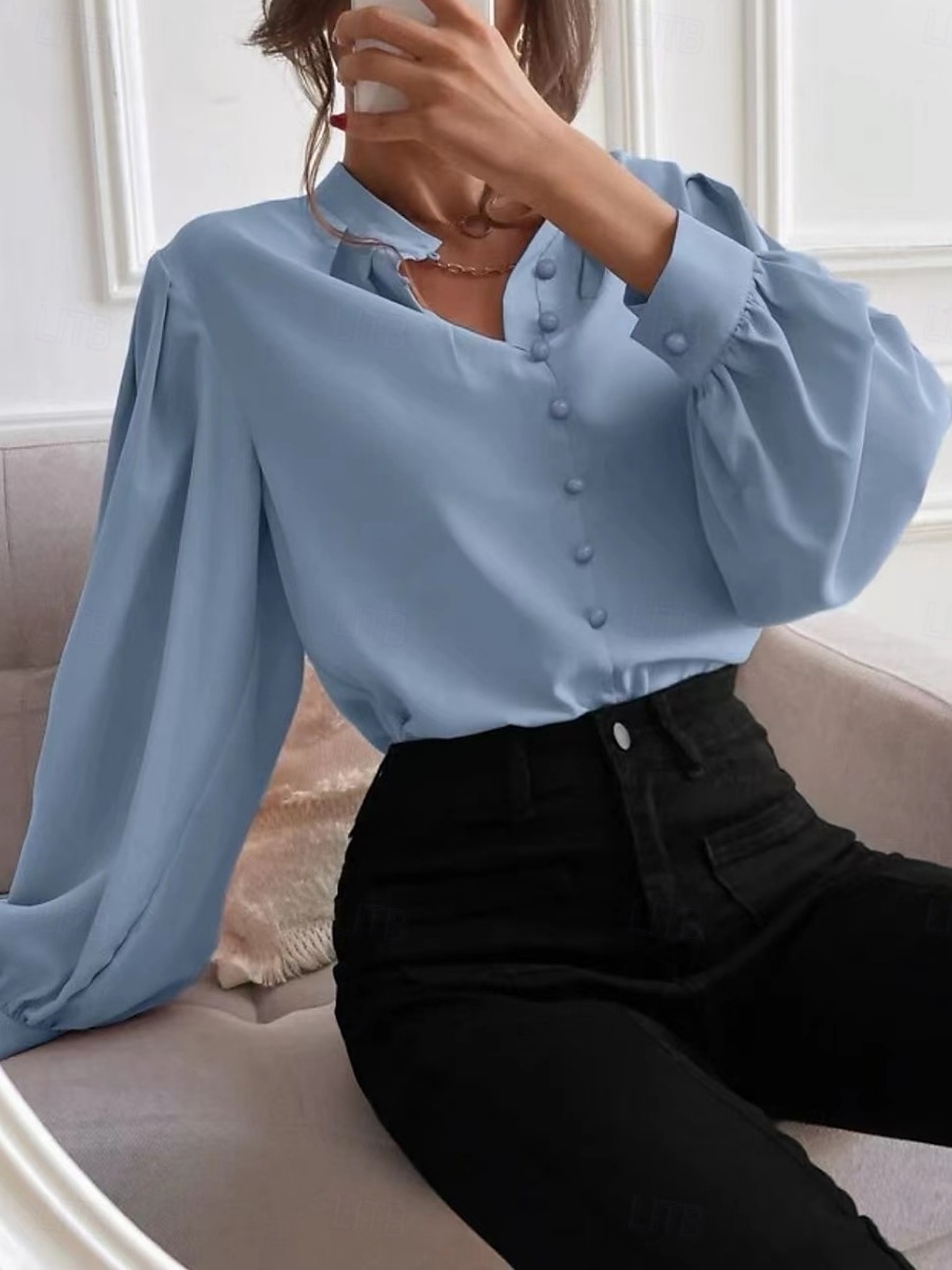 Women's Shirt Solid Color Floral Stylish Basic Casual Long Sleeve Shirt Collar Regular Tops Daily Buttons Black White Blue Khaki Summer Spring 2025 - $22.99 –P4