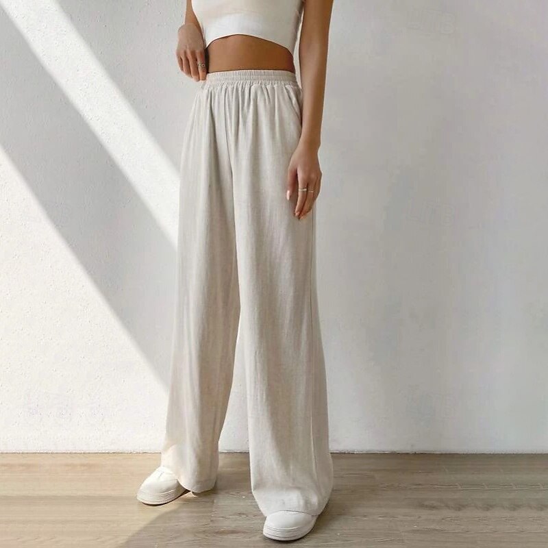 Women's Cotton Linen Pants Slacks Streetwear Casual Full Length Natural Plain Pocket Elastic Waist Comfy Comfortable Casual Daily Weekend Apricot Light Sky Blue Black Army Green Summer Regular Fit 2025 - €32.99 –P2