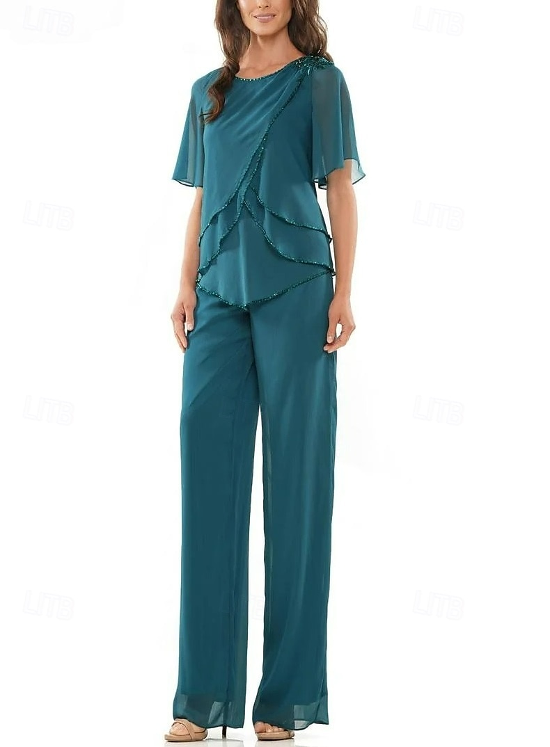 Combinaison deux pièces  Robe de mère de la mariée élégante à encolure ras du cou en chiffon à manches courtes avec broderie en dentelle et volants en cascade de 2025 ? $148.99 –P3