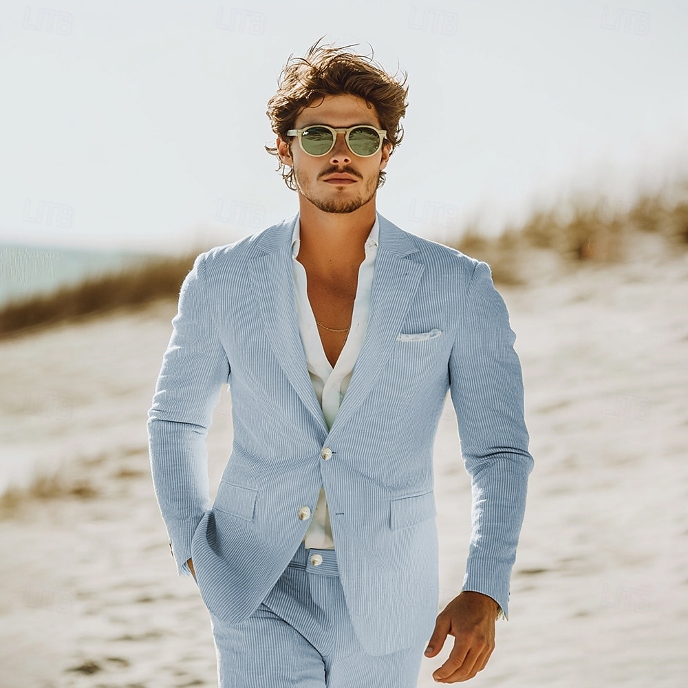 Pour des hommes Mariage à la plage Costumes Champagne Bleu Ciel Léger Rayé Coupe Standard 2 pièces Simple Boutonnage Deux Boutons de 2025 ? $115.99 –P8