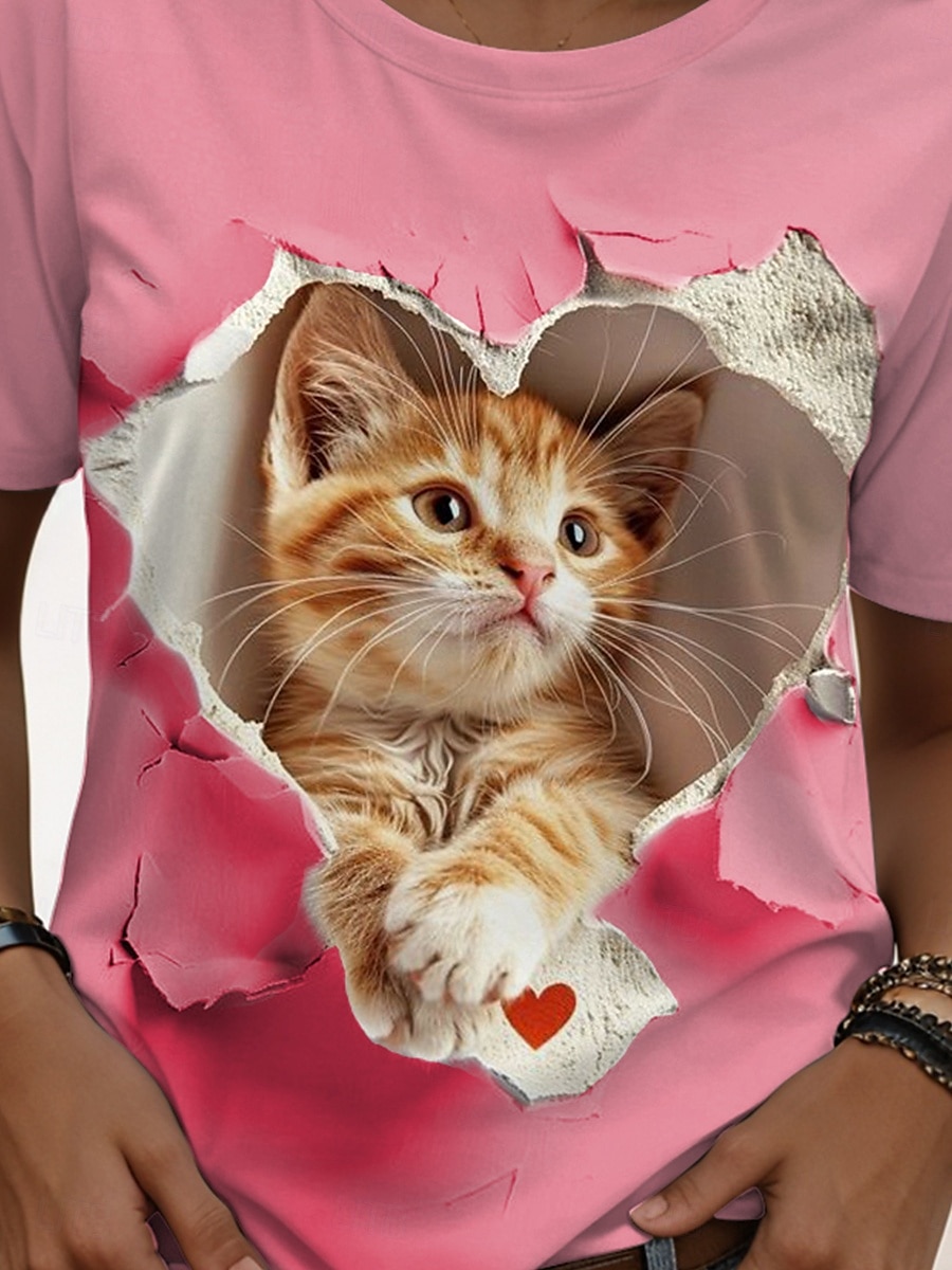 Dame T skjorte Grafisk Katt Stilfull Klassisk Fritid Kortermet Crew-hals Vanlige topper Daglig Helg Trykt mønster Hvit Rosa Blå Sommer Vår 2025 - $19.99 –P3
