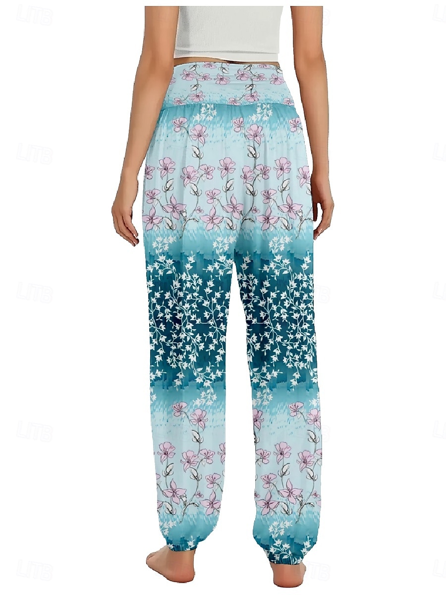 Dam Linneinspirerade byxor Brett skaft Byxor Etnisk Stil Ledigt Boho Fullängd Hög midja Blommig Ficka Elastisk midja Tryck Mateial som andas Mjuk Microelastisk Utomhus Yoga Rosa Kungsblå Blå Purpur 2025 - $20.99 –P11