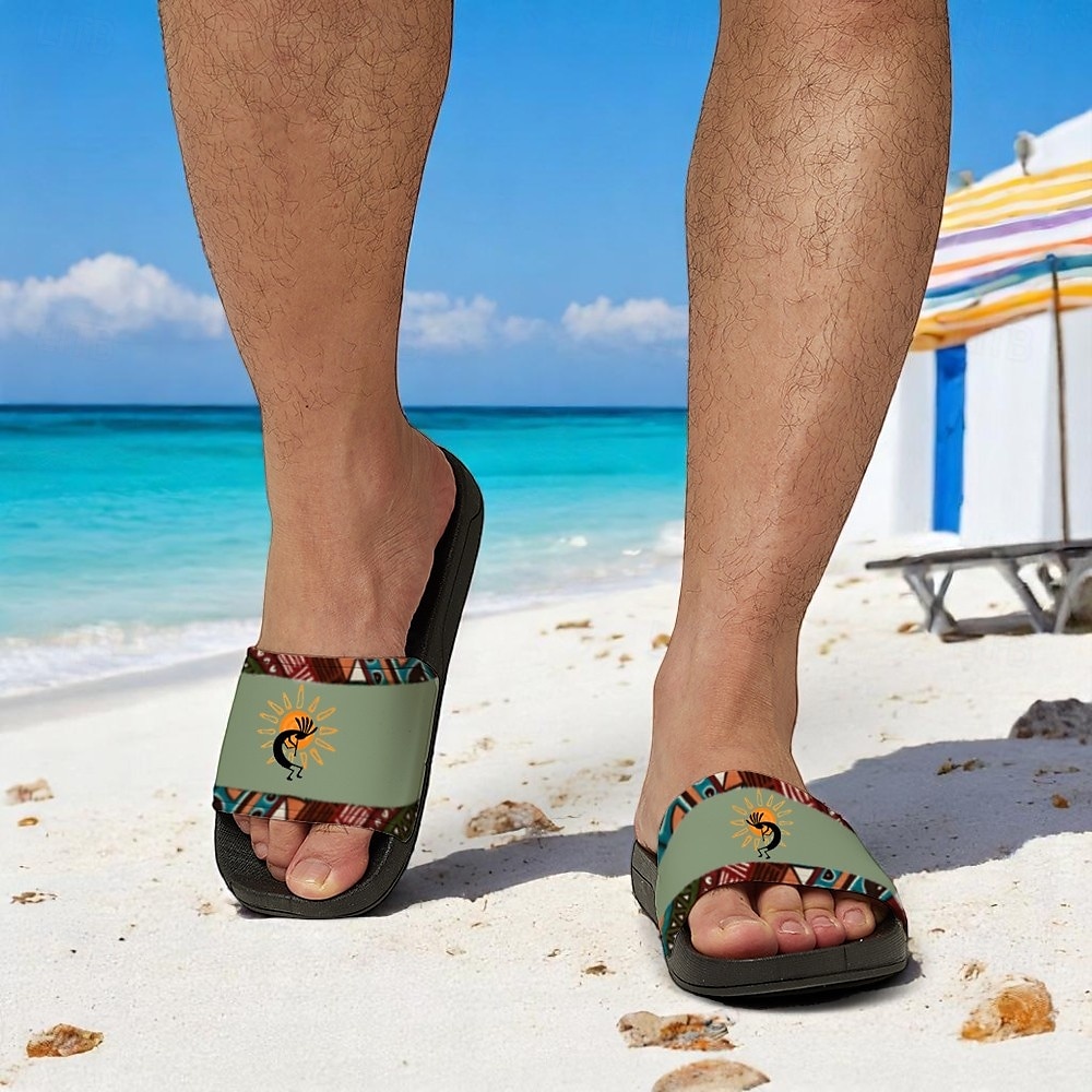 sklisikre bassengsklier for menn med etnisk trykk – lette sommertøfler med tribal kokopelli-design for strand og bassengkant 2025 - $19.99 –P1