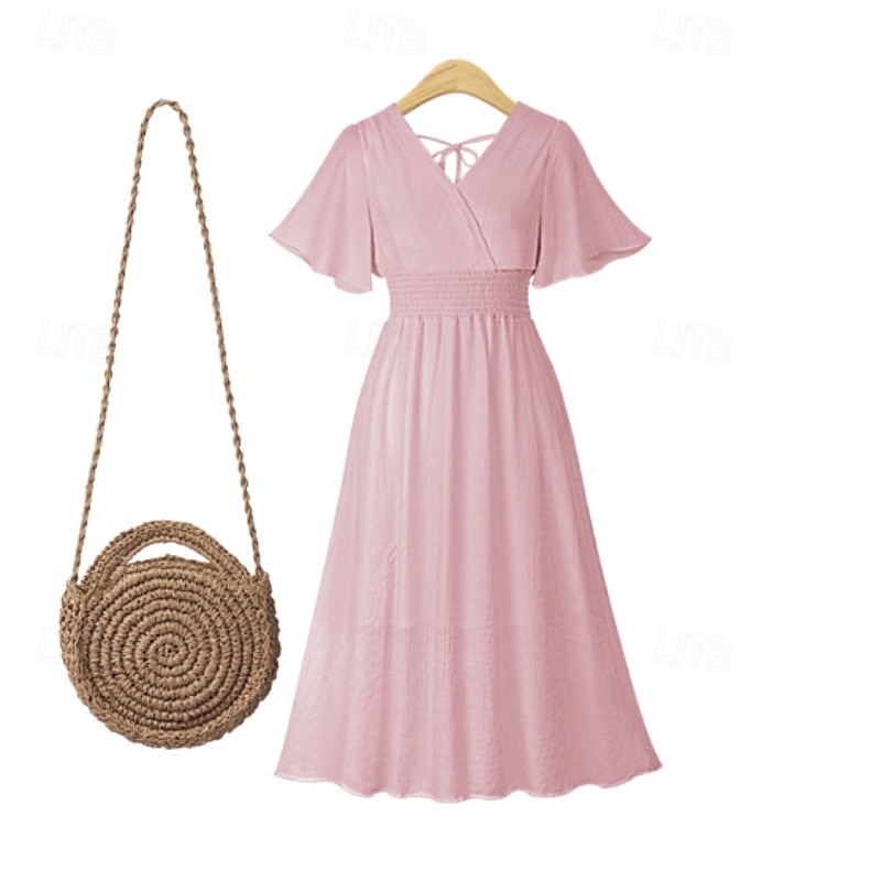 Dames Halflange jurk Cocktail jurk Bruiloft gast jurk Chiffon jurk Modieus Modern Vakantie Teaparty Weekend Normale pasvorm Effen Korte mouw V-hals Zwart Wit Blozend Roze Abrikoos Zomer 2025 - $23.99 –P3