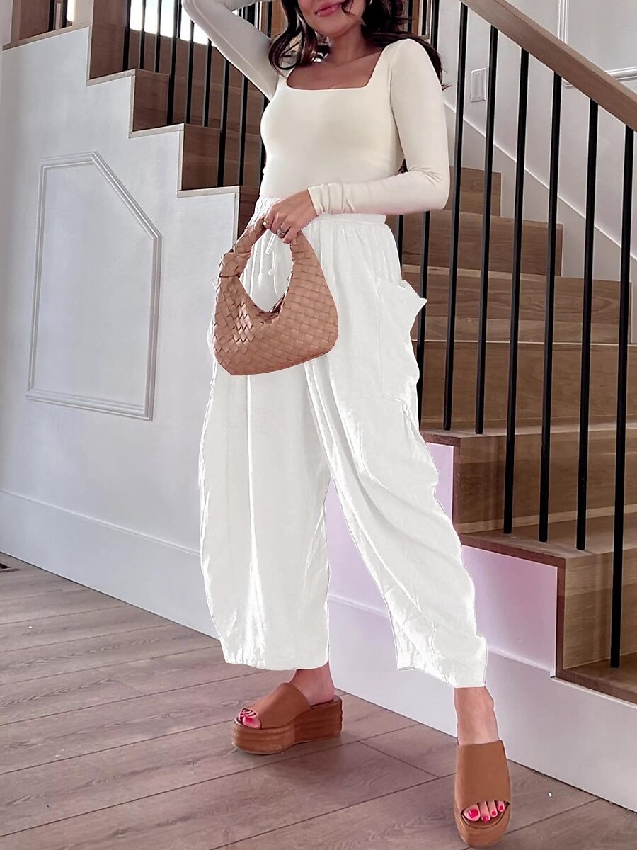 Pantalones baggy de chinos de pierna ancha para mujer Básicos Casual Largos Cintura alta Sencillos Con bolsillo Cinturilla elástica Cómodos Suaves Confortables Micro-elástico Exterior Calle Diaria 2025 - $26.99 –P9
