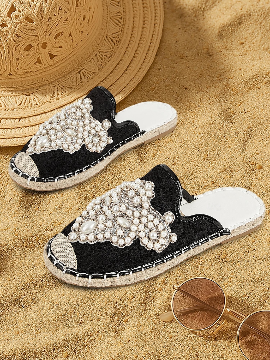 Women's Luxury Pearl Embellished Black Slide Sandals – Elegant Boho Summer Flats for Beach Weddings, Vacations, Festivals, and Resort Wear 2025 - $32.99 –P2