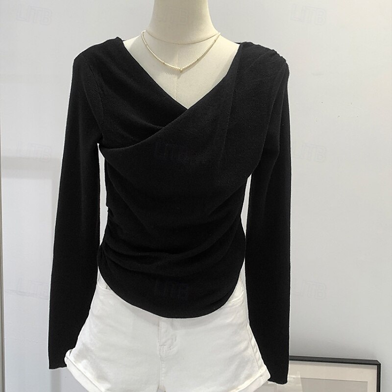Femmes Chemisier Uni Moderne manche longue Col en V Hauts Réguliers Fête Sortir Froncé Noir Rose Claire Bleu Abricot Été de 2025 ? $27.99 –P5