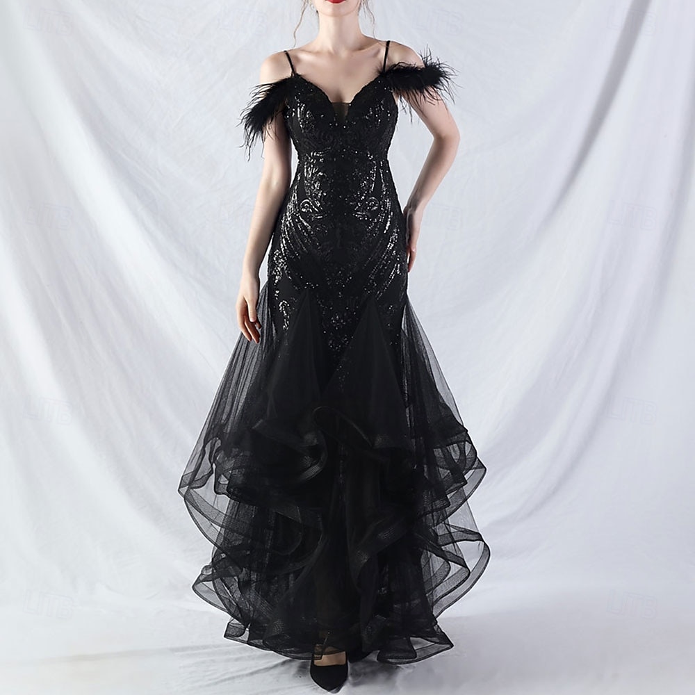 Abiti Quinceanera Mermaidi  Trumpet in Paillettes Elegante Abito Formale Semi Formale Matrimonio Lunghezza P_avimento Senza Maniche Scollo a V Tulle Volant con Piume del 2025 a $139.99 –P17