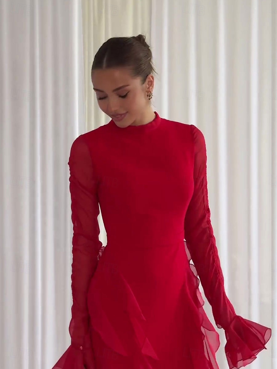 A-Lijn Roze Elegante Jurk Bruiloft Bruiloft Gast Vloerlengte Lange Mouw Hoge Hals Chiffon Met Ruffles 2025 - $89.99 –P12