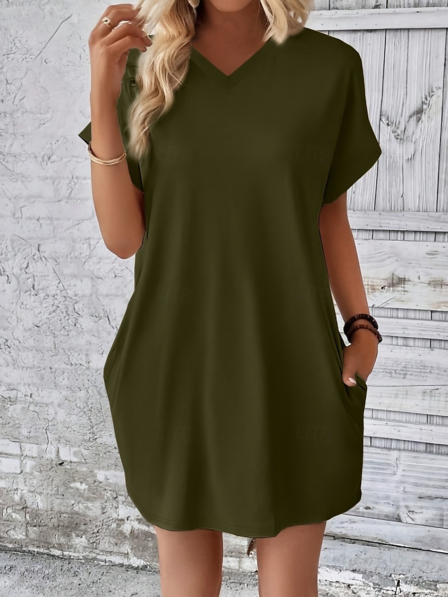 Damen Mini Kleid T-Shirt Kleid Tee Kleid einfarbig Sommer Kleid lässig täglich reguläre Passform Grafik Kurzarm V-Ausschnitt Schwarz Rot Olivgrün Aprikose Sommer 2025 - $19.99 –P15