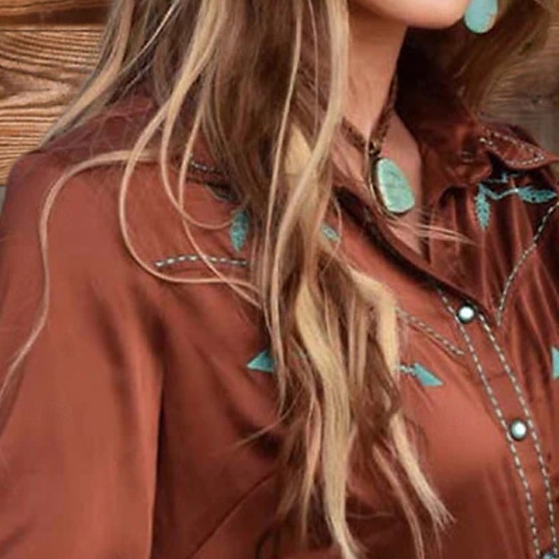 Dame Boho skjorte Bluse Blomsternål i krystall Moderne Fritid Bohem Langermet Skjortekrage Vanlige topper Daglig Ferie Knapper Trykt mønster Brun Sommer 2025 - $25.99 –P2